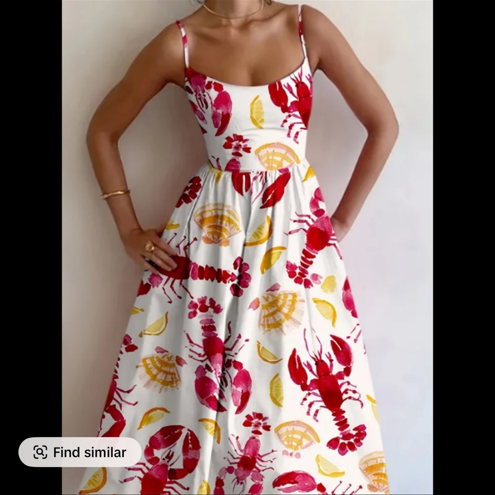 Lobster Print Dress in Red and Yellow - Seafood, Summer